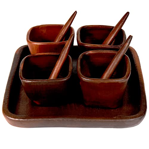Ancient Cookware Pomaireware, Clay Square Tray with Square Condiment Bowls