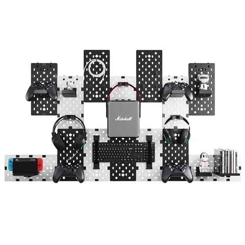 PEGZONE Controller and Headphone Holder Wall Mount, Modular Gaming Pegboard with Accessories, Controller Stand for Xbox PS5 PS4 Switch, Video Game Storage, Disc Shelf, 14pcs Pegboard, Black & White