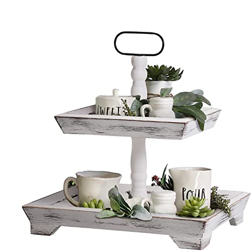 HAPOO Tiered Tray Stand Farmhouse Tiered Tray for Decors Holder 2 Tiered Tray Stand for Kitchen Bedroom Entryway Coffee Bar