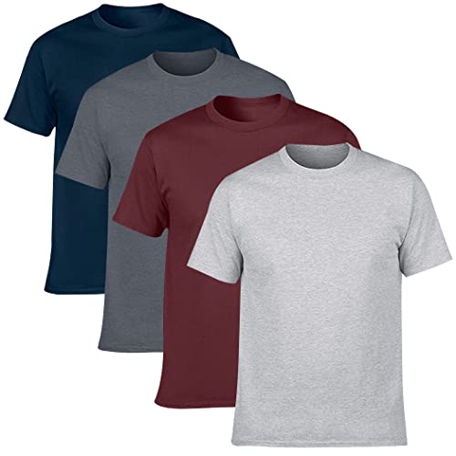 NewDenBer Men's Classic Basic Solid Crew Neck Soft Cotton T-Shirt 4 Pack Navy/Dark Heather/Maroon/Grey, L
