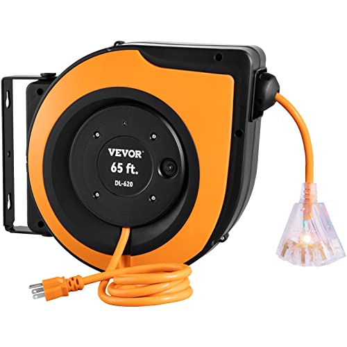VEVOR Retractable Extension Cord Reel, 65 FT, Heavy Duty 12AWG/3C SJTOW Power Cord, with Lighted Triple Tap Outlet, 15 Amp Circuit Breaker, 180° Swivel Bracket for Ceiling or Wall Mount, UL Listed