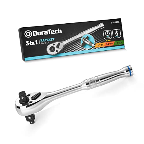 DURATECH 3-IN-1 Ratchet Handle, 1/4', 3/8', 1/2' Drive Ratchet Wrench, 72-Tooth, Reversible Switch, Full-Polished Chrome Plating, Alloy Steel