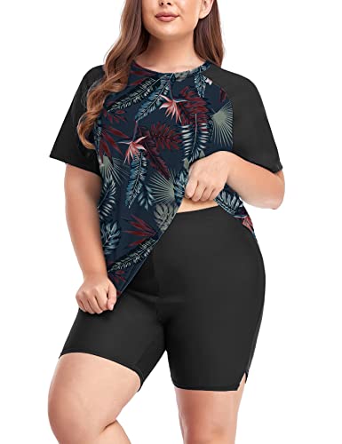 Inno Women's Plus Size 2 Piece Rash Guard Swimsuits Short Sleeve with Boyshorts UPF 50+ Surfing Swimwear, Floral 6, 3X