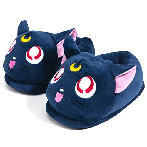 Glopastel Cat Slippers | Cute Anime Kawaii Blue Moon Ears Fuzzy Plush Slip-On House Shoes | One Size Adults Women Men