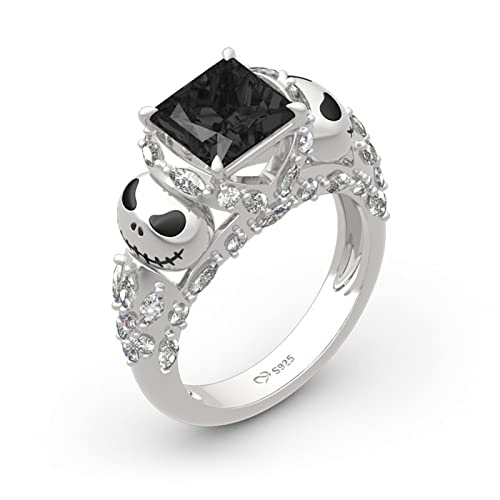 Jeulia Jack Skellington Rings Women Nightmare Before Christmas Romantic Soul Skull Design Sterling Silver Princess Cut Band Ring Anniversary Promise Romantic for Her Teen Girls(9)