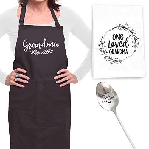 Grandma Gifts Set – 3Pc.,100% Cotton Grandma Apron with Matching Tea Towel and Engraved, Stainless Steel Tea Spoon – Great Grandmother Gifts for Grandma, Mothers Day or Grandma Birthday Gifts