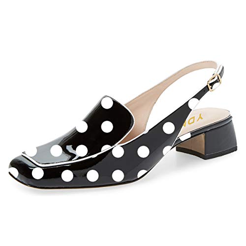 YDN Women Closed Square Toe Block Low Heels Slingback Formal Loafer Dressy Shoes Office Lady Pumps Black Polka Dots Size 7