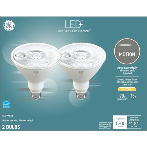 GE LED+ Motion Sensor LED Light Bulbs, 15W, PAR38 Outdoor Security Floodlight, Warm White (2 Pack)