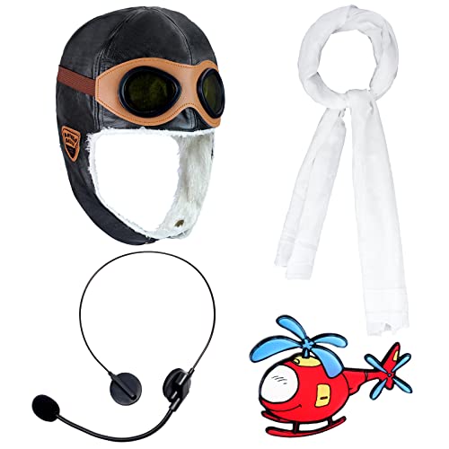 Keymall Kids Aviator Costume Accessories Pilot Aviator Hat With Goggles For Halloween Career Day Birthday Cosplay Costume (Black Hat,White Scarf,Prop Headset,Brooch)