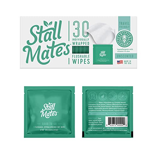 Stall Mates Wipes - Flushable Wipes | Individually Wrapped | Travel Friendly | Unscented with Vitamin-E & Aloe | (30 on-the-go singles)