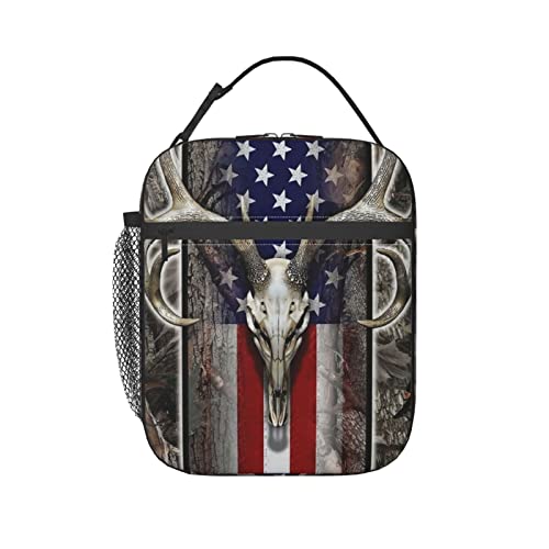 wsrgvab Deer Camo American Flag Portable Lunch Box Bag Insulated Reusable Lunch Tote For Men And Women