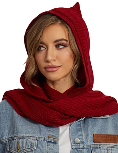 Zilcremo Women Winter Knitted Hooded Long Scarf Warm Shawl Head Scarves Winered One Size