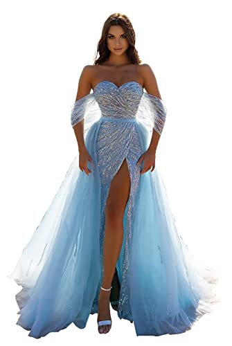 Women's Sequins Mermaid Prom Dresses with Slit Glitter Sweetheart Long Formal Evening Gowns Sparkly Tulle Undetachable Train Sky Blue 4 DR0087