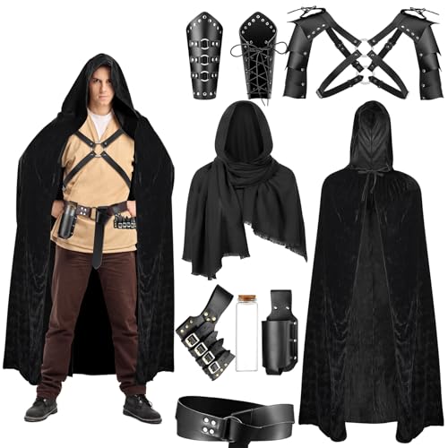 PLULON 9Pcs Medieval Knight Costume Men Hooded Cloak Retro Shawl PU Leather Belt Shoulder Armor Buckle Bracers Sword Frog Bottle Holder Cork Bottle Renaissance Accessories for Halloween Cosplay Party