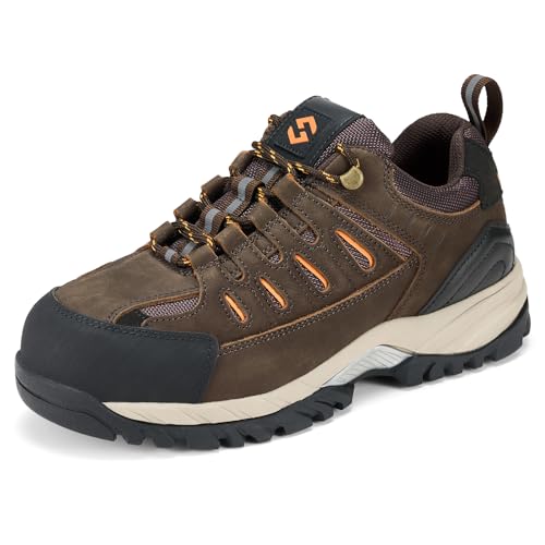 HISEA Men's Composite Toe Work Shoes Comfortable Safety Hiking Shoes,Breathable and Slip-Resistant Outdoor Trekking and Trail Sneakers Dark Brown