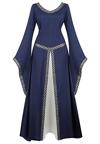 Lehauya Womens Renaissance Costumes Medieval Irish Dress Victorian Retro Gown Cosplay Long Dress Navy Large