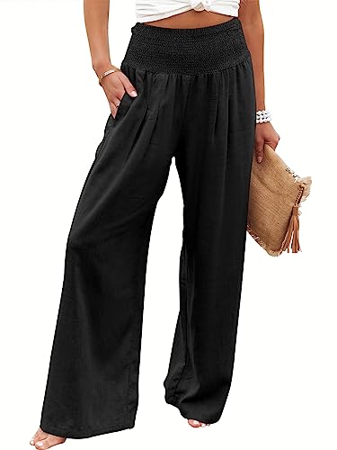 ANRABESS Women Linen Palazzo Pants Summer Boho Wide Leg High Waist Casual Lounge Pant 2024 Beach Travel Vacation Outfits Black Small