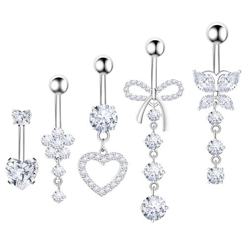 BSJ4U Belly Button Ring Dangle Navel Belly Piercing Jewelry Cute Clear CZ Heart Butterfly Bow Flower Belly Navel Rings for Women 14G Silver Stainless Steel Dainty Dangly Dangling Belly Button Piercing