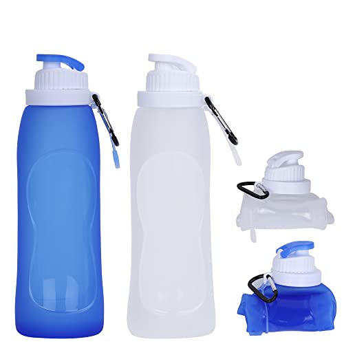 Collapsible Water Bottles(2 Count), MCOMCE Foldable Water Bottles for Travel & Collapsable Water Bottle with Clip for Backpack, Portable Silicone Water Bottle, Collapse Water Bottles for Travel