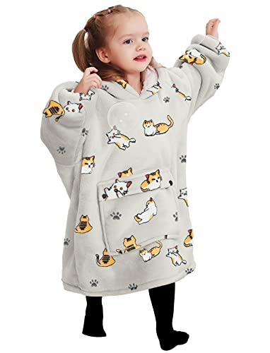 KFUBUO Wearable Blanket Hoodie for Kids Toddlers Sherpa Blanket Sweatshirt With Pocket Cute Hoodies 2-6 Year Old Girl Birthday Gifts Cat