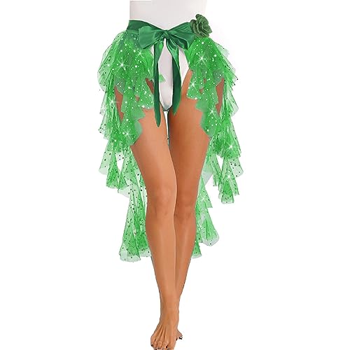 TWINKLEDE Women's Tassel Hip Scarf Sparkly Belly Skirt Layered Tulle Skirt Dance Party Tutu Skirt for Adult (Green)