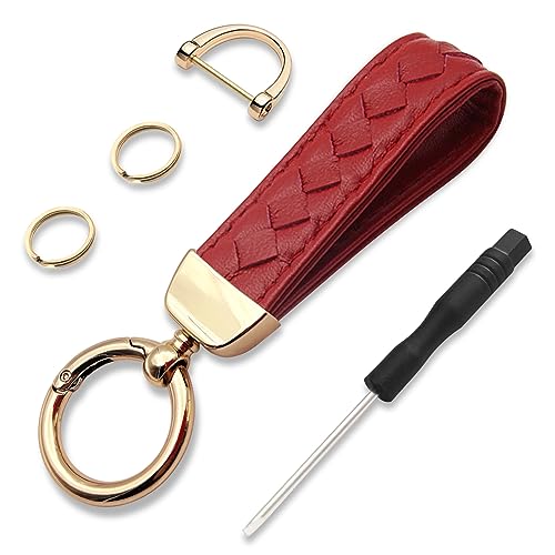 NTNEV Genuine Leather Car Keychain, Universal Car Key FOB Keychain, handmade knitted car key chain, 360 Degree Rotating with Anti-Lost D-Ring, 2 Key Rings and 1 Screwdriver, Unisex-Red