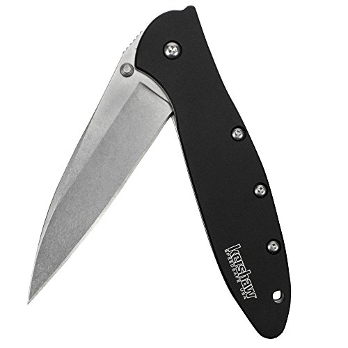 Kershaw Leek Black Stonewash EDC Pocketknife, 3' Sandvik 14C28N Steel Blade, Assisted Opening Folding Knife, Dual Lock System