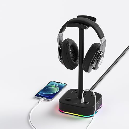 TESSAN Headphone Stand with USB C, Desktop Gaming Headset Holder with 3 AC Outlets 3 USB(1 USB C) Charging Ports, Gamer Earphone Hanger with 4 RGB Light Modes for Dorm Room Desk Accessories, Black