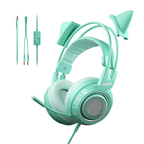 SOMIC G951S Green Gaming Headset with Microphone for PS4, PS5, Xbox One, PC, Cat Ear Headphones Over Ear with in-Line Mic Control, Stereo Sound for Girls, Woman
