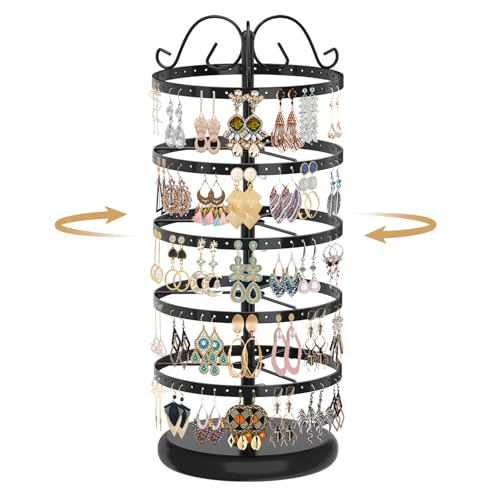 MODOWEY 5 Tiers Metal Rotating Earring Holder Organizer, Exquisite Jewelry Display Stand Necklace Rack Holder, 220 Holes for Stud Pierced Earrings Women Girls- 14x6.3 Inch (Black)