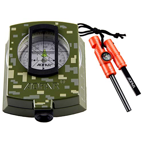 AOFAR Military Compass and Fire Starter AF-4580/381 Lensatic Sighting, Survival Kit,Waterproof and Shakeproof Measure Distance Calculator and Pouch for Camping, Hiking, Hunting, Backpacking