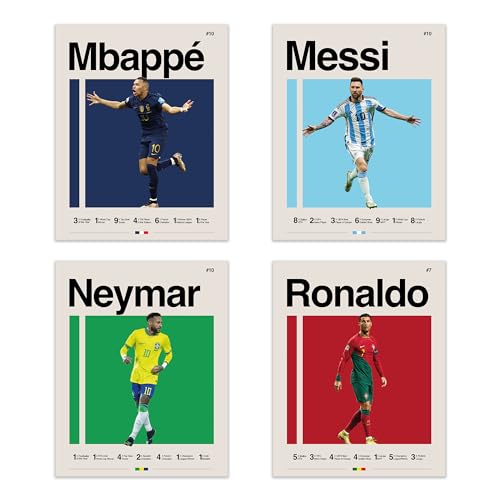 Famous Football Superstar Ronaldo, Messi, Neymar And Mbape 8X10 Poster Prints - Set of 4 Soccer Posters For Boys Bedroom Wall Art, Sports Posters For Boys Room Decor - UNFRAMED