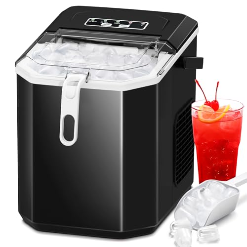 Ice Makers Countertop with Self-Cleaning, 26.5Lbs/24Hrs, 9 Cubes Ice Ready in 6~9Mins, 2 Sizes of Bullet Ice, Portable Ice Maker with Double Handles/Ice Scoop/Basket for Home/Kitchen/Office/Bar, Black