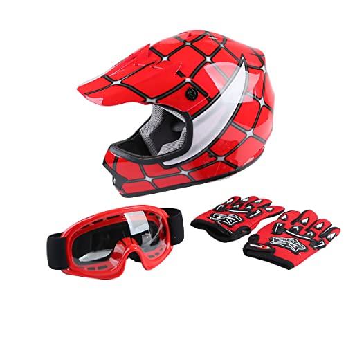 XFMT Youth Kids Motocross Offroad Street Dirt Bike Helmet Goggles Gloves Atv Mx Helmet Red Spider S
