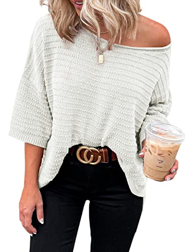 Dokotoo Womens Fashion Juniors Fall Summer Shirts and Blouses for Women 2023 Pullover Sweaters T-Shirts Off Shoulder 3/4 Sleeve Tunic Tops Loose Tee Shirts Beige Medium