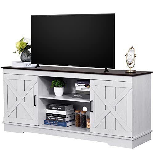 YITAHOME Farmhouse TV Stand for 65 Inch TV, Mid Century Modern Entertainment Center for 300lbs with Double Barn Doors, Rustic TV Media Console TV Cabinet for Living Room, Grey White/Espresso