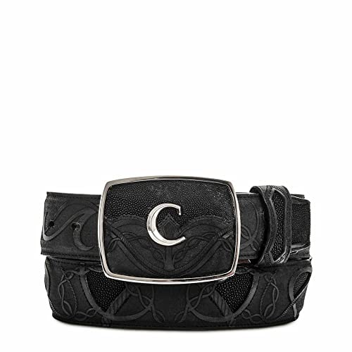 Cuadra Men's Genuine Black Stingray Inlay & Laser-cut Bovine Leather Belt and Buckle - BC151 (40)