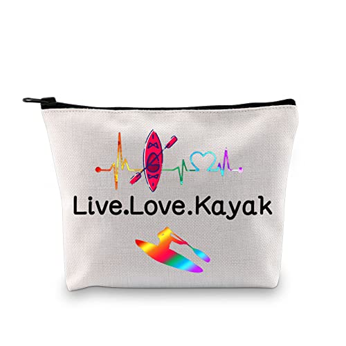 PXTIDY Kayaker Kayaking Gift Beach Kayak Canoe Lover Cosmetic Bag Live Love Kayak Canvas Zipper Bag For Kayak Kayaker Coach Canoeist Sailors Swimmer (Beige)