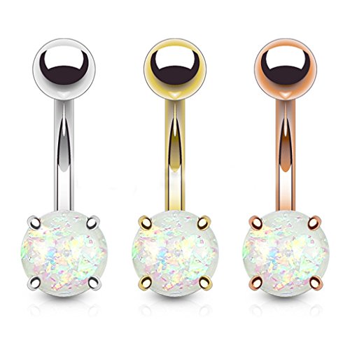 FIFTH CUE 14G Opal Glitter Prong Set Rose Gold IP Over 316L Surgical Steel Belly Button Ring (White 3pcs Combo Gold/RoseGold/Silver)