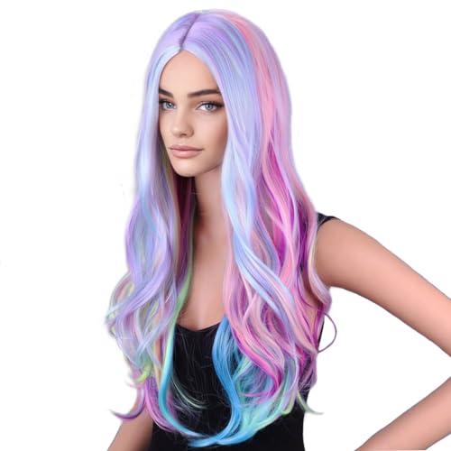 BERON Rainbow Wig Long Curly Wig Multi-Color Wig Charming Full Wigs for Cosplay Girls Party or Daily Use Wig Cap Included