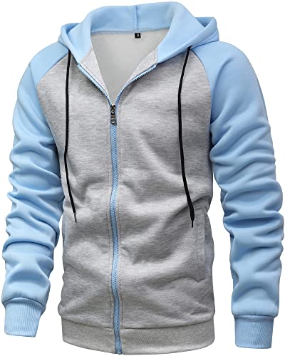GXAMOY Men's Novelty Color Block Pullover Fleece Hoodie Casual Hooded Sweatshirts Full Zip Jacket with Pocket Moon Blue Gray(A06) L