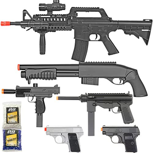 BBTac Airsoft Gun Package - Dark Ops - Collection of Guns - Powerful Spring Rifle, Shotgun, Two SMG, Mini Pistols and BB Pellets, Great for Starter Pack Game Play