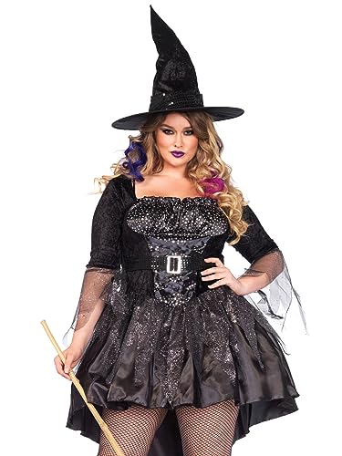Leg Avenue Women's Plus Size 2 Piece Black Magic Mistress – Sexy High Low Dress with Witch Hat Halloween Costume Set, 1X / 2X