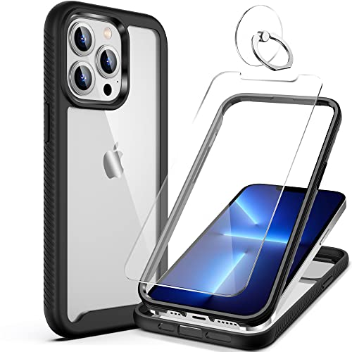 LUMENAIR Case Compatible with iPhone 13 Pro Max, Heavy Duty Rugged Shockproof Case for iPhone 13 Pro Max, 6.7 inch (2021) +Tempered Glass Screen Protector + Finger Ring Stand-Black/Clear