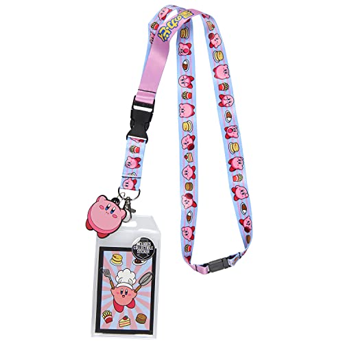 Kirby Pink Hero Reversible ID Lanyard Badge Holder with Rubber Kirby Charm and Collectible Sticker