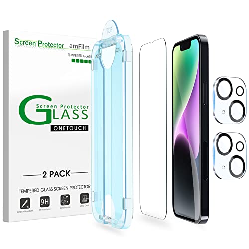 amFilm (2+2 PACK OneTouch Compatible with iPhone 14 Plus 6.7 Tempered Glass Screen Protector and Camera Lens Protector, Edge to Edge Full Coverage with Easy Installation Kit