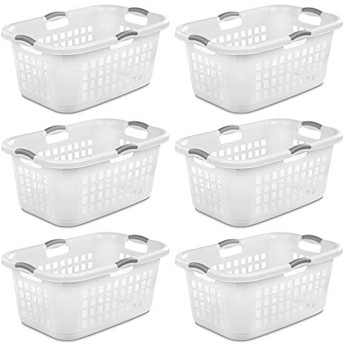 Sterilite 2 Bushel Ultra Laundry Basket, Large, Plastic with Comfort Handles to Easily Carry Clothes to and from the Laundry Room, White, 6-Pack