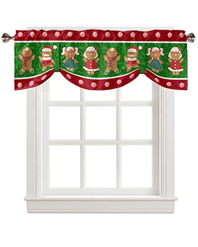 Tie Up Curtain Valance for Windows, Merry Christmas Gingerbread Man Green and Red Window Treatment for Living Room Bedroom Bathroom,Rod Pocket Kitchen Curtain Shades Adjustable Small Valance 42'x12'