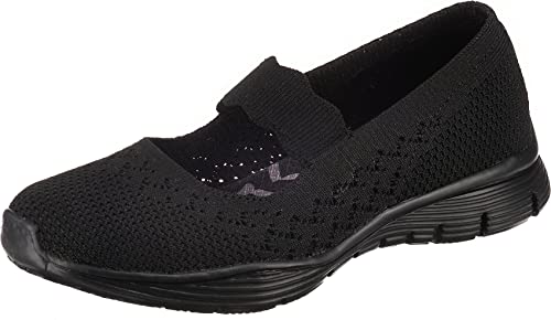 Skechers Women's Seager-Power Hitter-Engineered Knit Mary Jane Flat, Black/Black, 8
