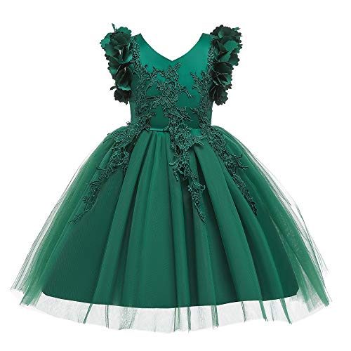 Weileenice Emerald Green Flower Girl Lace Dress Wedding Party Wear Pageant Prom Dance Birthday Princess Ball Gown Holiday Fancy Embroidery Butterfly Tulle Christmas Dresses for Kids 2 3 Photo Shoot